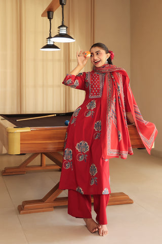Women Ethnic Motifs Printed Regular Thread Work Pure Cotton Kurta with Trousers & With Dupatta