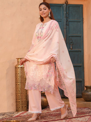 Pink Floral Embroidered 3-Piece Straight Kurta Set