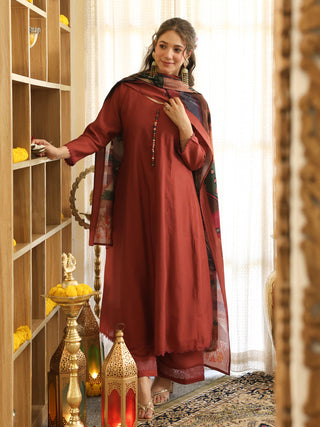 Brick Red Chanderi A-Line Kurta Set