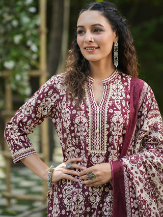 Women Maroon Ikat Printed Pure Cotton Straight Kurta With Printed Trouser And Printed Dupatta