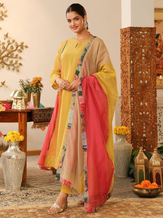 Yellow Beaded Chanderi Anarkali Kurta Set with Pocket