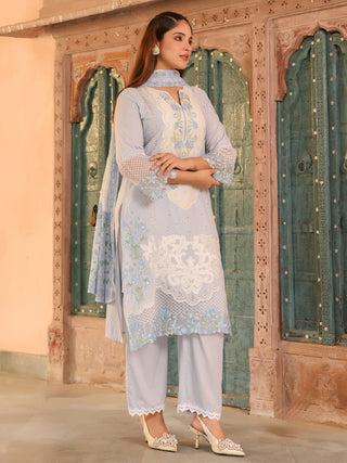 Blue Floral Embroidered Lace 3-Piece Straight Kurta Set