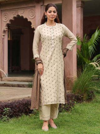 Beige Embroidered 3-Piece Straight Kurta Set