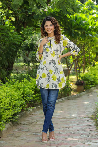 Cream & Green Floral Lace Kurti