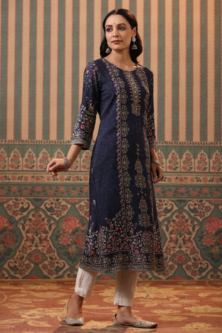 Women Blue Digital Printed Mirror Work Straight Kurta