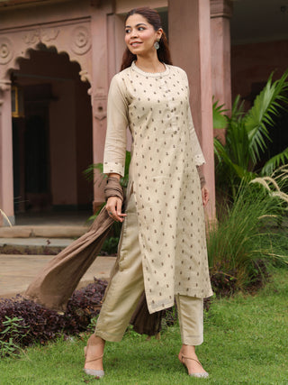Beige Embroidered 3-Piece Straight Kurta Set