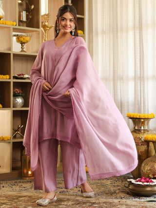 Lilac Lace Chanderi A-Line Kurta Set with Pocket