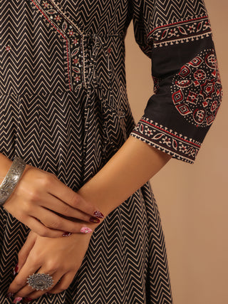 Black cotton chevron printed anarkali kurta set with solid trouser and printed cotton dupatta