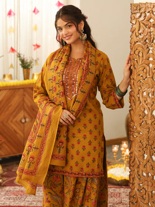 Mustard Yellow Floral Print Cotton Straight Kurta Set