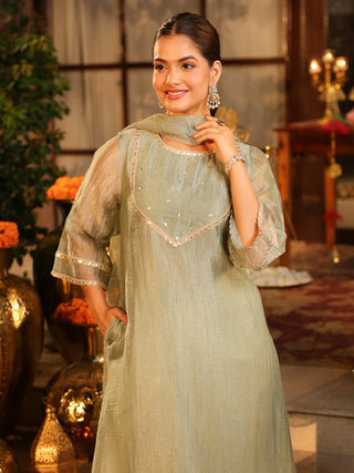 Dusty Blue Sequin Tissue A-Line Kurta Set with Pocket