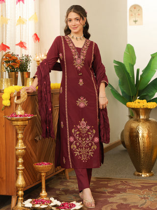Wine Floral Embroidered Cotton Straight Kurta Set