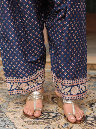 Navy Blue Mughal Print Straight 2-Piece Kurta Set