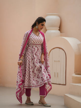 Women Pink Floral Printed Pure Cotton A-line Kurta With Solid Trouser And With Printed Dupatta