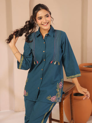 Teal blue solid embroidered cord set with shirt style tunic and matching trouser