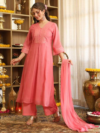 Light Pink Flared A Line Kurta Set with Pocket