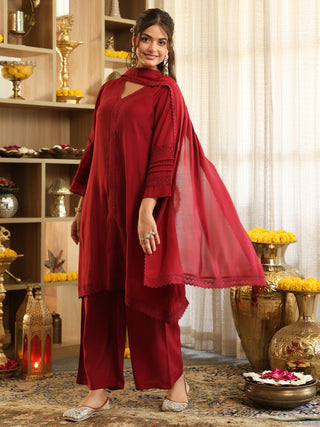 Maroon Lace Chanderi A-Line Kurta Set with Pocket