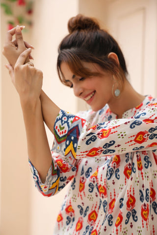 Floral Print Mandarin Collar Cotton Top