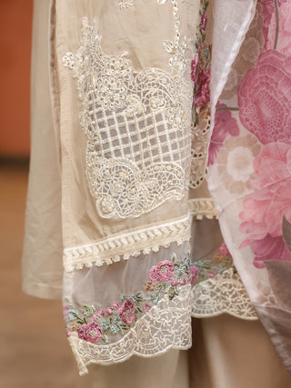 Beige Floral Embroidered 3-Piece Straight Kurta Set