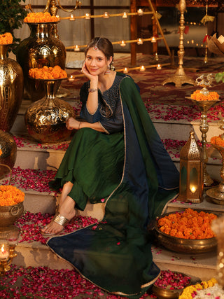 Bottle Green Embroidered Anarkali Kurta Set with Pocket