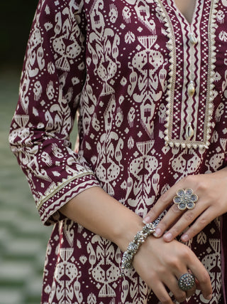 Women Maroon Ikat Printed Pure Cotton Straight Kurta With Printed Trouser And Printed Dupatta