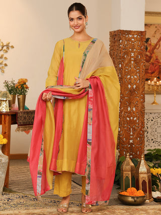 Yellow Beaded Chanderi Anarkali Kurta Set with Pocket