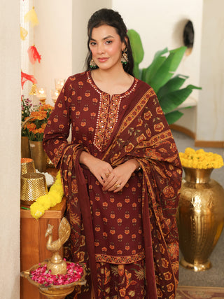 Brown Floral Print Cotton Straight Kurta Set