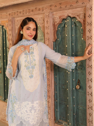 Blue Floral Embroidered Lace 3-Piece Straight Kurta Set