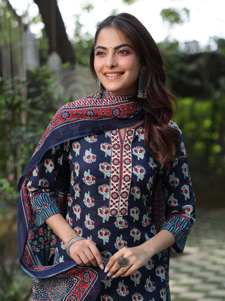 Women Navy Blue Ethnic Printed Cotton Embroidered Straight  Kurta With Printed Trousers and Printed Dupatta