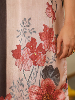 Peach Panel Print Chanderi Straight Kurta Set