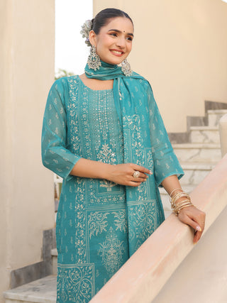 Teal Ethnic Motif Print 3-Piece Straight Kurta Set