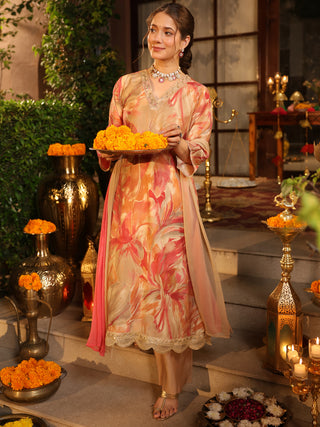 Beige Floral Print Straight Kurta Set with Pocket
