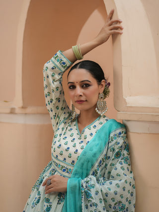 Women Teal Floral Printed Pure Cotton A-line Kurta With Solid Trouser And With Printed Dupatta