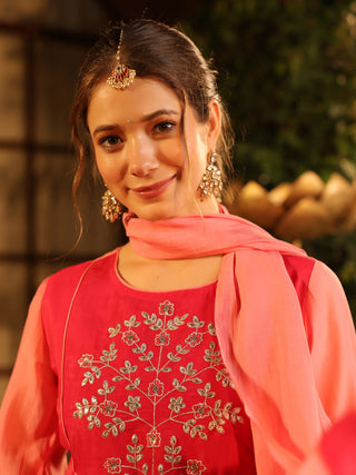 Pink Embroidered Yoke A-Line Kurta Set with Pocket