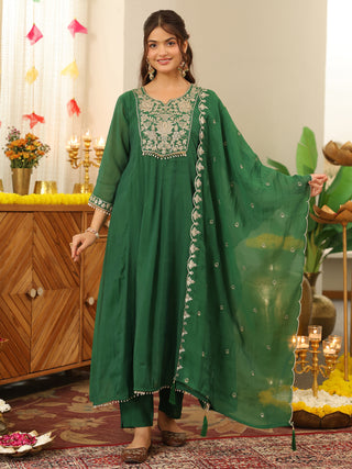 Green Embroidered Anarkali Kurta Set with Pocket
