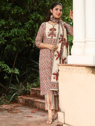 Rust Striped Embroidered 3-Piece Straight Kurta Set