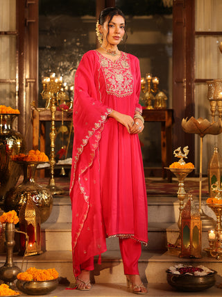 Pink Embroidered Anarkali Kurta Set with Pocket
