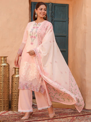 Pink Floral Embroidered 3-Piece Straight Kurta Set