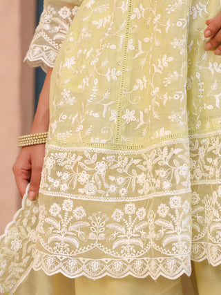 Lime Floral Embroidered Lace 3-Piece Straight Kurta Set