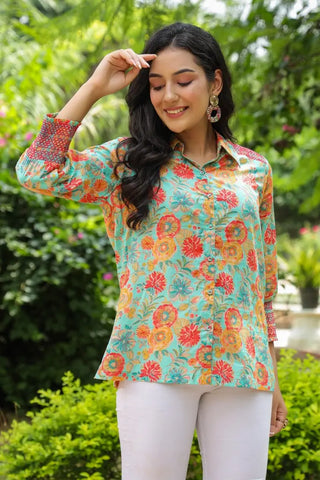 Women Green Digital Printed Pure Cotton A-line Kurti