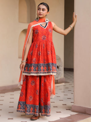Women Ethnic Motifs Printed Empire Pure Cotton Kurta with Sharara & With Dupatta