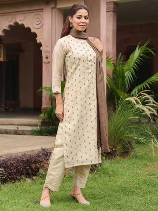 Beige Embroidered 3-Piece Straight Kurta Set