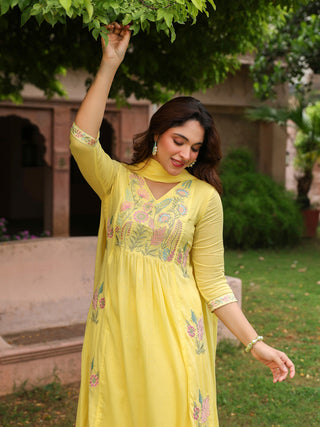 Yellow Floral Embroidered 3-Piece Anarkali Kurta Set