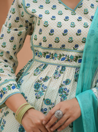 Women Teal Floral Printed Pure Cotton A-line Kurta With Solid Trouser And With Printed Dupatta