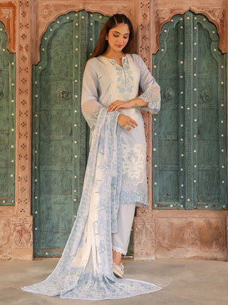 Blue Floral Embroidered Lace 3-Piece Straight Kurta Set