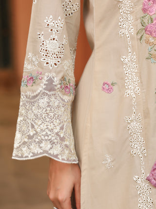 Beige Floral Embroidered 3-Piece Straight Kurta Set