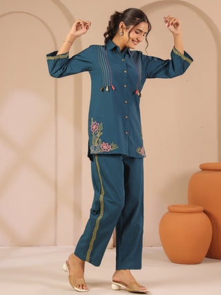 Teal blue solid embroidered cord set with shirt style tunic and matching trouser