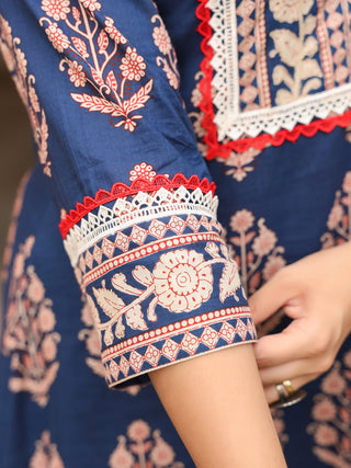 Navy Blue Mughal Print Straight 2-Piece Kurta Set