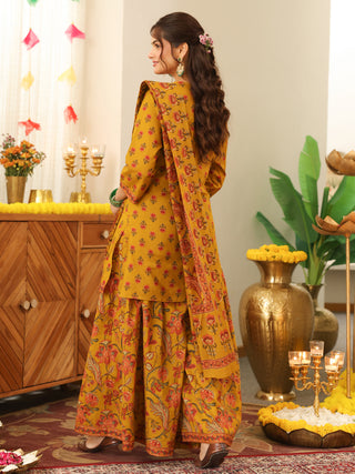 Mustard Yellow Floral Print Cotton Straight Kurta Set
