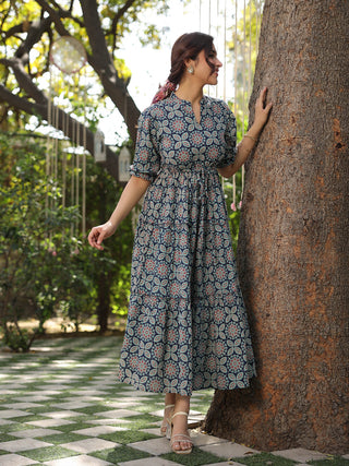 Women Rust And Blue Floral Ethnic A-line Pure Cotton Midi Ethnic Dress