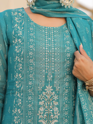 Teal Ethnic Motif Print 3-Piece Straight Kurta Set